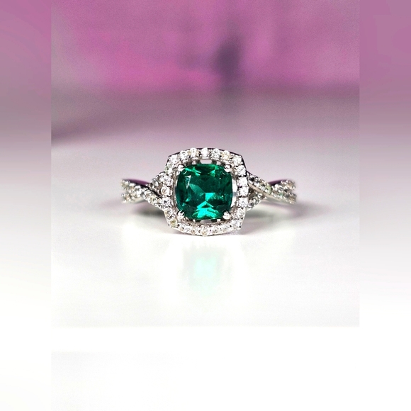 Zales Jewelry - Zales Cultured Emerald and White Sapphire Ring in Sterling Silver